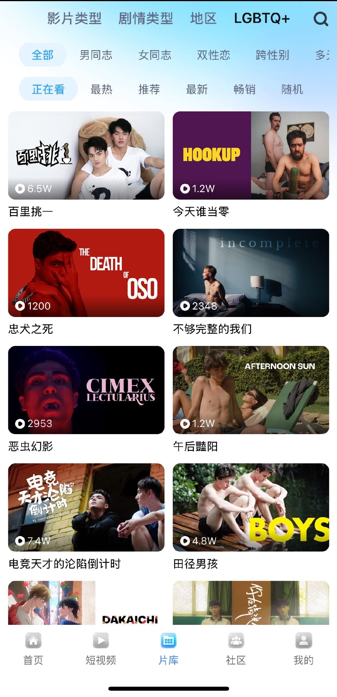 小蓝男同片库LGBTQ分类海报墙界面